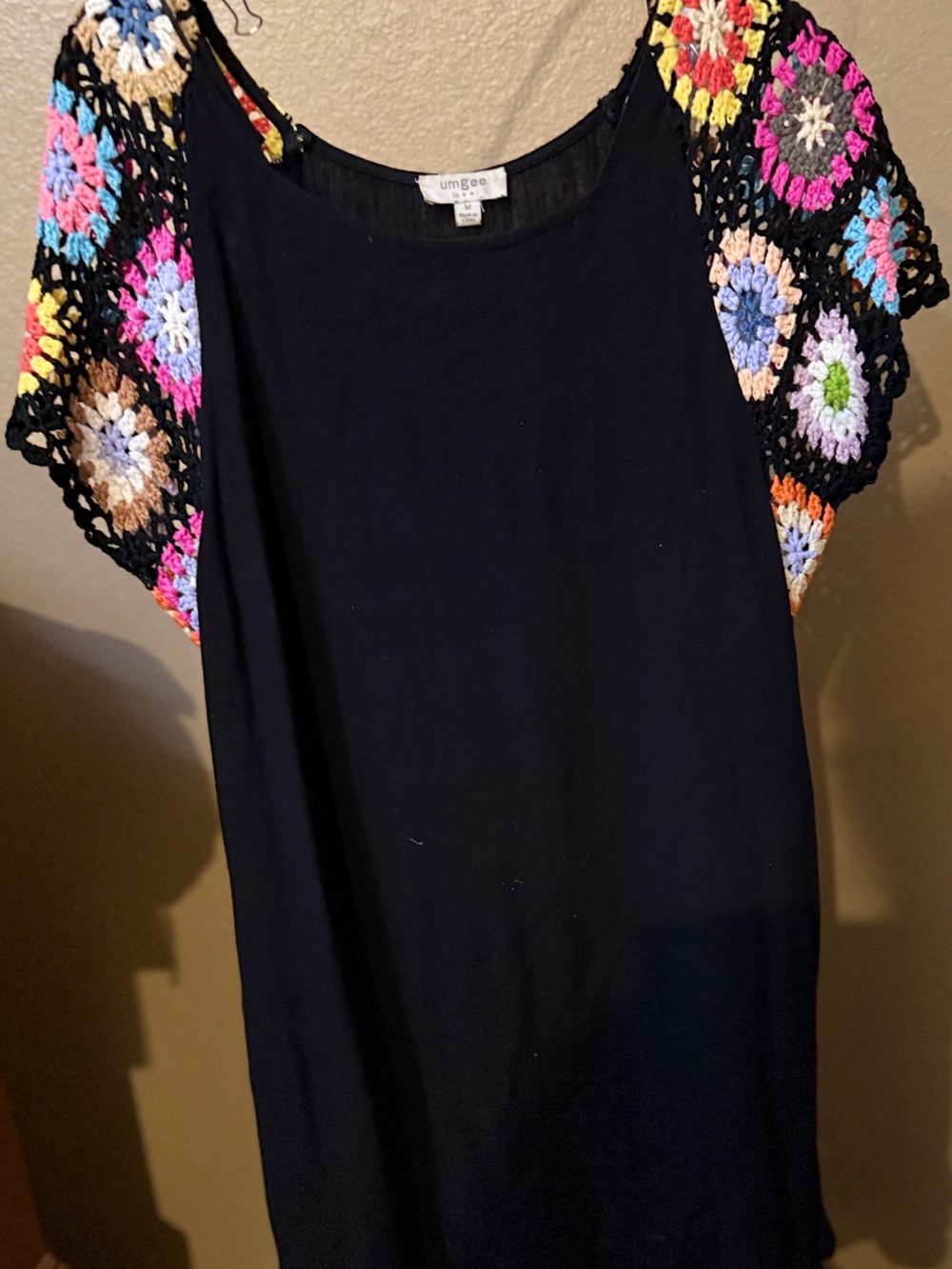 Umgee Black Dress with Multicolor Crochet Cap Sleeves Size M